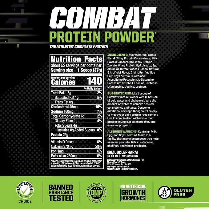 MusclePharm Combat Protein Powder, Chocolate Milk Flavor, Fuels Muscles for Productive Workouts, 5 Protein Sources including Whey Protein Isolate & Egg Albumin, Gluten Free, 4.2 lb, 52 Servings