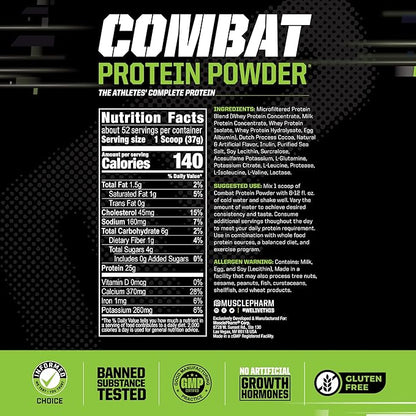 MusclePharm Combat Protein Powder, Chocolate Milk Flavor, Fuels Muscles for Productive Workouts, 5 Protein Sources including Whey Protein Isolate & Egg Albumin, Gluten Free, 4.2 lb, 52 Servings