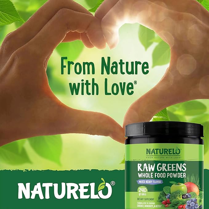 NATURELO Raw Greens Superfood Powder - Mixed Berry - Boost Energy, Detox, Enhance Health - Organic Spirulina - Wheat Grass - Whole Food Nutrition from Fruits and Vegetables - 240 Grams