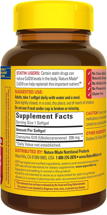 Nature Made CoQ10 200mg, Dietary Supplement for Heart Health Support, 80 Softgels, 80 Day Supply