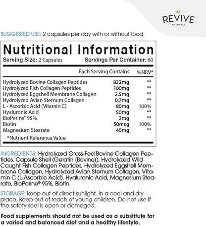 Revive Naturals Multi Collagen Protein Capsules - Types I, II, III, V & X - Hydrolysed Grass Fed Bovine, Wild Caught Marine & Free-Range Chicken, Made with Hyaluronic Acid & Vitamin C, 120 Caps