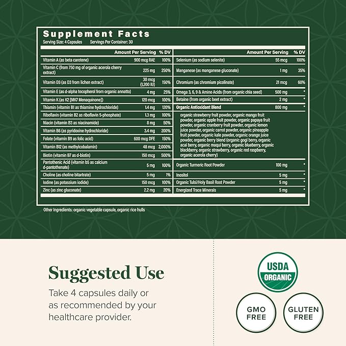 Global Healing USDA Organic Multivitamin for Women and Men - Vitamins Include A, C, D, E K, & More for Your Overall Health & Wellness Needs - Complete Daily Multi Vitamin Nourishment (120 Capsules)