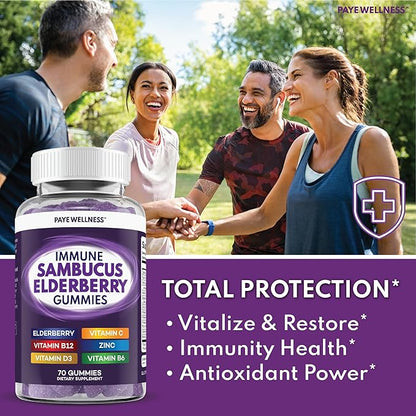 Elderberry Gummies Immune Support, Daily Support for Kids and Adults*, with Sambucus Elderberry, Zinc, Vitamin C, D3, B6, B12, Plus - Dietary Supplement - 70 Count