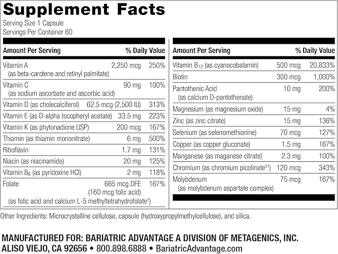 Bariatric Advantage High ADEK Multi - for Bariatric Surgery Patients - Multivitamin with Vitamins A, D, E, K & Trace Minerals - 100%+ DV of ADEK - 60 Capsules