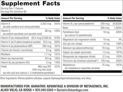 Bariatric Advantage High ADEK Multi - for Bariatric Surgery Patients - Multivitamin with Vitamins A, D, E, K & Trace Minerals - 100%+ DV of ADEK - 60 Capsules