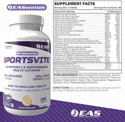 SportsVite High Potency Multivitamin for Athletes | Vitamin & Mineral Nutrient Blend | 2300mg Beta Alanine, 2000mg Carnitine Tartrate | 180 Tablets
