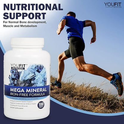 Mega Minerals Supplement by Youfit Nutrition | All 72 Trace Minerals | Premium Formula with Source of Minerals and Immune Health Support | Iron Free | All in One |1000mg Calcium 500mg Magnesium