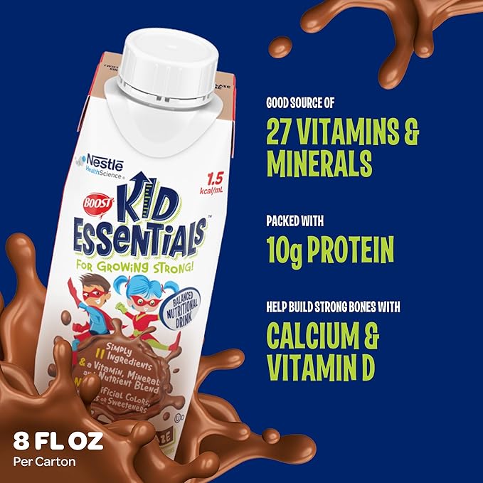 BOOST KID ESSENTIALS (1.5 kcal/mL) Chocolate Craze Nutritional Drink, 10g Protein, Vitamin C, D , B12, and Zinc, 8 Fl Oz (Pack of 24)