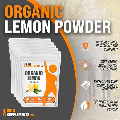 BulkSupplements.com Organic Lemon Powder - Natural Vitamin C Source, Fruit Powder, Lemon Flavoring - for Smoothies & Juice, Gluten Free - 450mg per Serving, 5kg, Pack of 5 (11 lbs)
