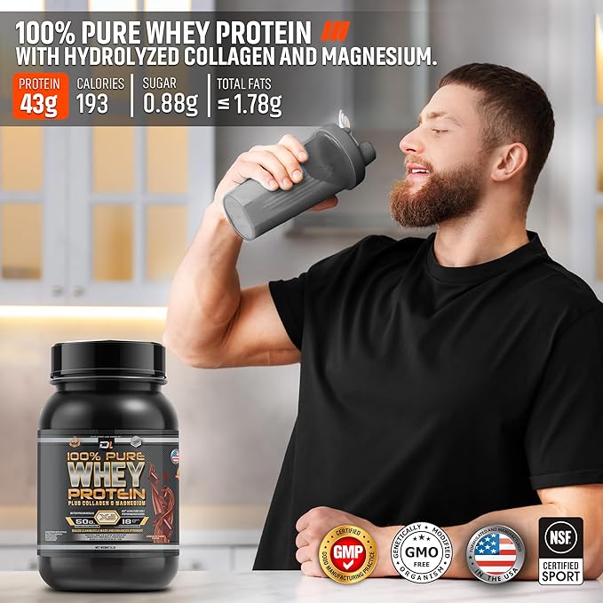 DL 100% Pure Whey Protein + Collagen + Magnesium | 43g. Protein & Essential BCAA´s | Muscle Gain, Recovery & Nutrient delivery | Low Fat Protein | Quik & Easy Mixing | 2.20lb (1KG, Chocolate)