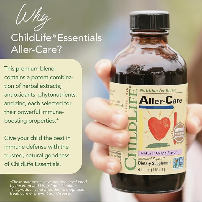 CHILDLIFE ESSENTIALS Aller-Care - Natural Relief for Kids & Toddlers, Seasonal Support with Elderberry, Bromelain, Vitamin C - Immune Boosting Formula, Grape 4 Fl Oz