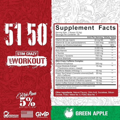 5% Nutrition Rich Piana 5150 High Stim Pre-Workout Powder | Extreme Energy, Focus, Pumps & Endurance | 400 mg Caffeine, Citrulline, Beta Alanine, N-Acetyl L-Tyrosine | 30 Srvgs (Green Apple)