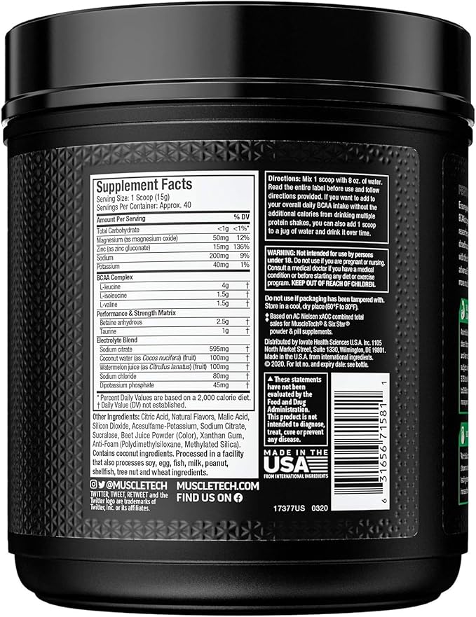 BCAA Amino Acids + Electrolyte Powder MuscleTech Amino Build 7g of BCAAs + Electrolytes Support Muscle Recovery, Build Lean Muscle & Boost Endurance Strawberry Watermelon (40 Servings)
