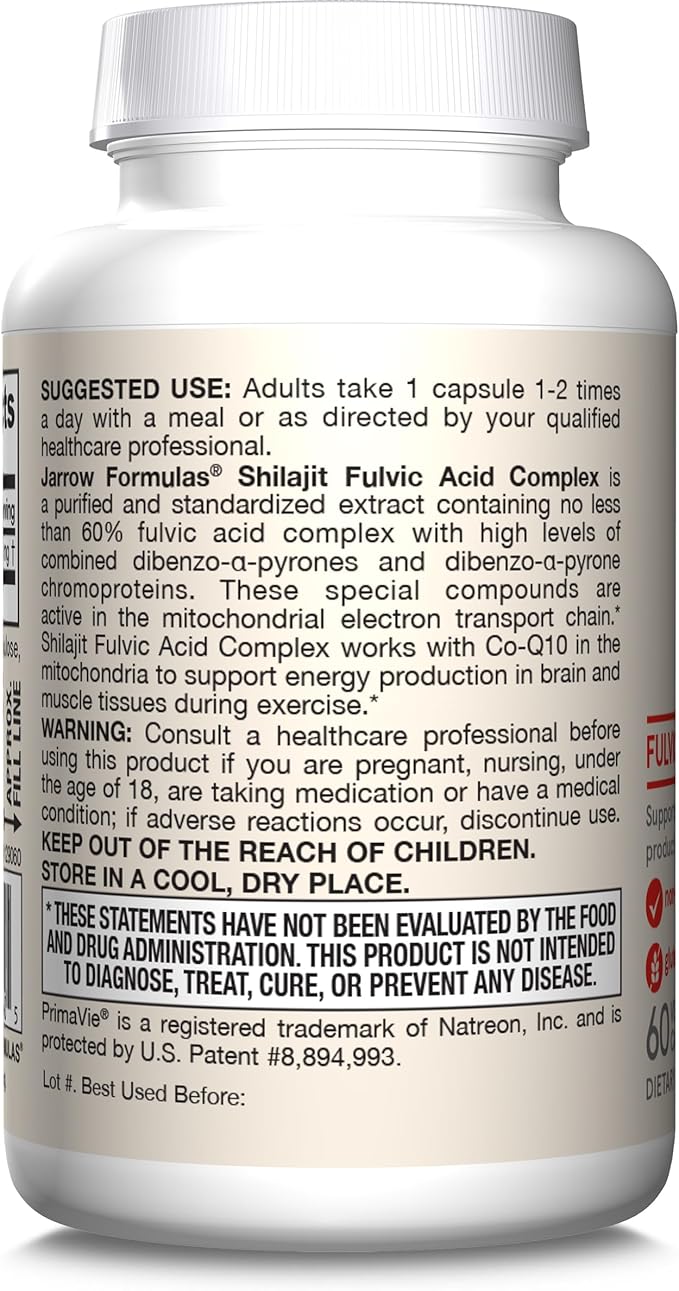 Jarrow Formulas® Shilajit 250 mg, Dietary Supplement, Shilajit Acid Complex for Cellular Energy Production, 60 Veggie Capsules, 60 Day Supply