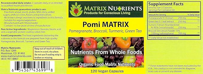 POMI Matrix - 10 Times Stronger Than The Competition! - Lower PSA Levels for Healthy Prostate - 100% Organic - Ingredients: Pomegranate, Green Tea, Turmeric, Broccoli - Vegan Capsules (120ct)