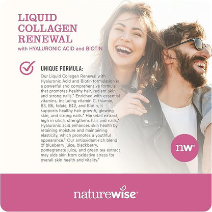 NatureWise Liquid Collagen for Women & Men 4000mg, Type 1 & 3 Peptides with Biotin for Hair, Skin and Nails + Vitamin C + Vitamin B Complex - Low Sugar - Mixed Berry - 30 Tubes