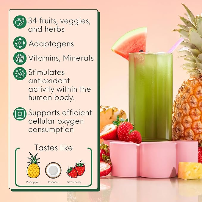 Kiala Nutrition Super Greens, Organic Greens Powder with Spirulina & Chlorella for Digestion, Gut Health, Immunity & Energy, Gluten Free, Vegan, Daily Support for Women, Miami Vice Flavor, 30 Servings