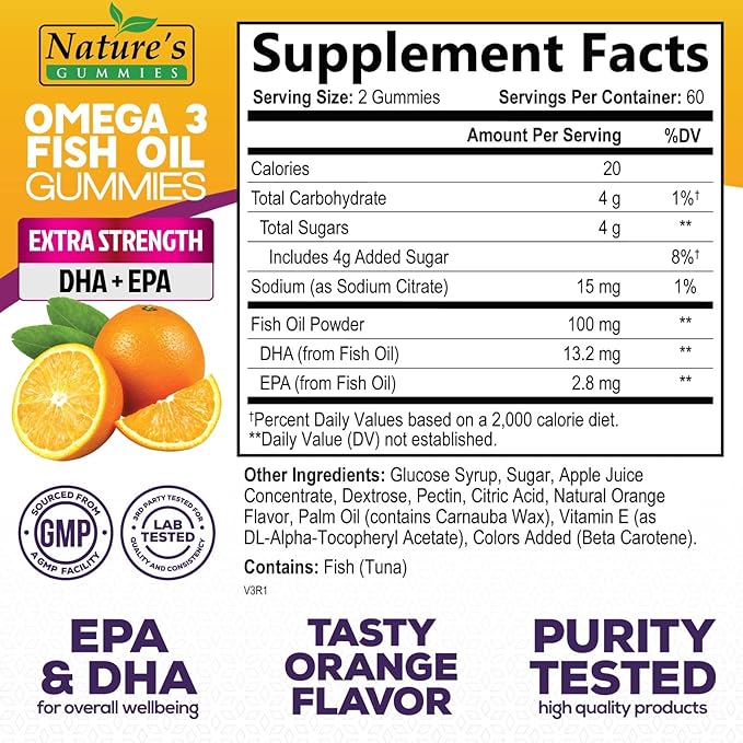 Omega Fish Oil Gummies - Delicious Orange Flavor Fish Oil Omega 3 Supplements with Heart Healthy EPA & DHA Fatty Acids for Heart, Joint & Brain Support - Omega 3 Fish Oil Gummy Vitamins - 120 Gummies