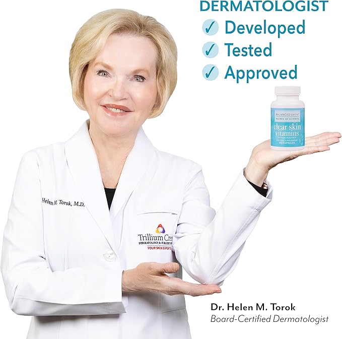 Clear Skin Vitamins for Women & Men - Supplement for Healthy Glowing Skin and Acne Control* - Patented and Dermatologist Developed Hormonal & Cystic Acne Pills