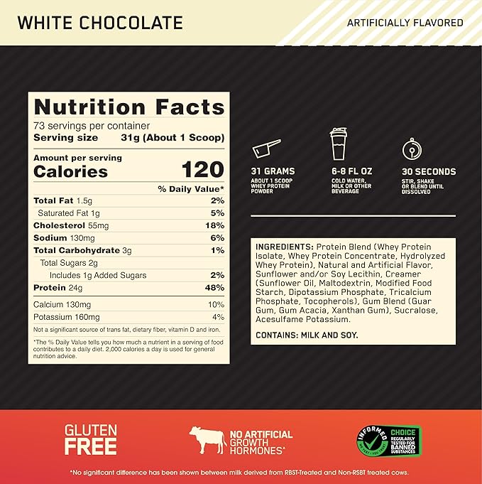 Optimum Nutrition Gold Standard 100% Whey Protein Powder, White Chocolate, 5 Pound (Packaging May Vary)