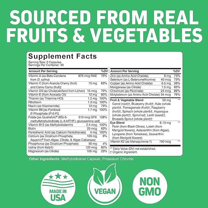 Herbtonics Whole Food Multivitamin for Teens | Essential Vitamins and Minerals Supplement for Teenage Boys & Girls | 62 Plant-Based Superfoods, Raw Veggies & Fruit Complex | Non-GMO Vegan 60 Capsules