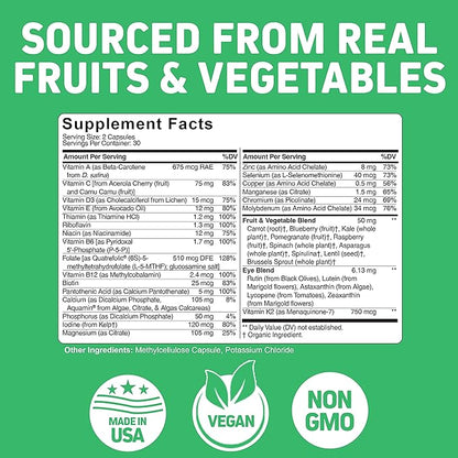 Herbtonics Whole Food Multivitamin for Teens | Essential Vitamins and Minerals Supplement for Teenage Boys & Girls | 62 Plant-Based Superfoods, Raw Veggies & Fruit Complex | Non-GMO Vegan 60 Capsules