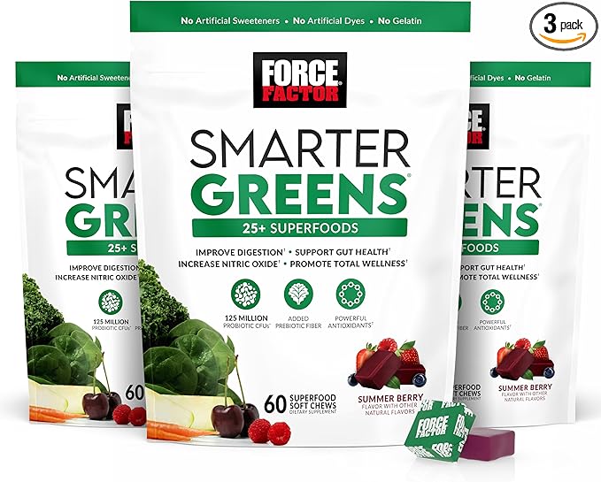 FORCE FACTOR Smarter Greens Superfood Chews, 3-Pack, Greens and Superfoods with Probiotics, Antioxidants, and Fiber, Greens Supplement to Support Digestion, Nitric Oxide, and Energy, 180 Chews