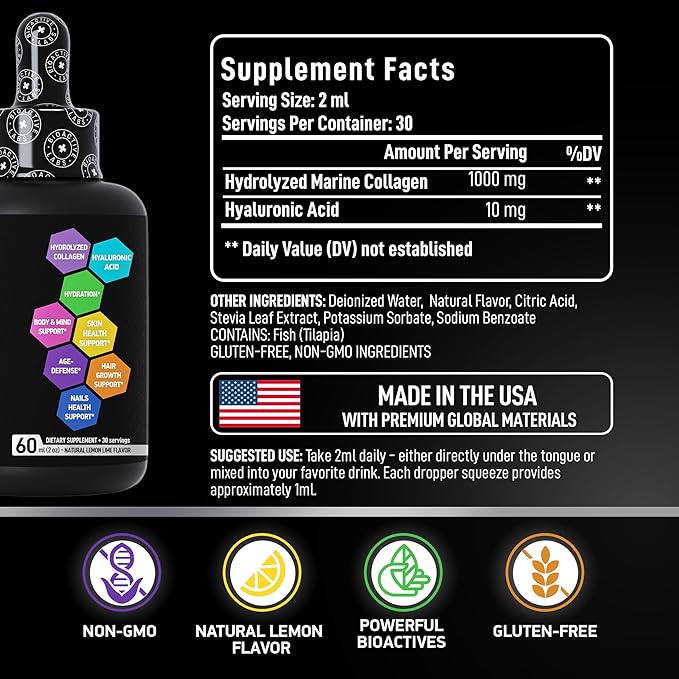 Liquid Marine Collagen Peptides with 10mg Hyaluronic Acid Supplement - 1,000mg Hydrolyzed Collagen Drops for Skin, Hair, Joints Support - Liquid Collagen For Women And Men - 30-Day Collagen Drink