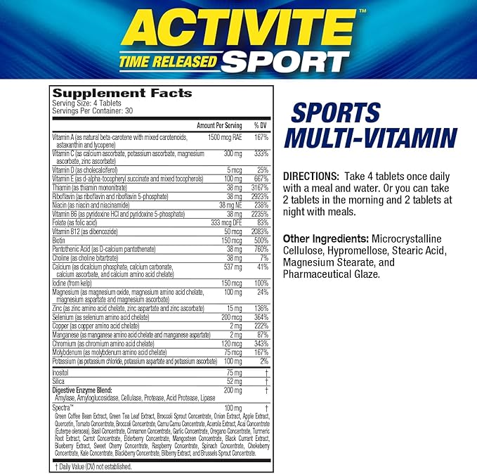 MHP Activite Sport Multi Vitamin, 25 Vitamins and Minerals, Nitric Oxide Booster, Digestive Enzymes, Antioxidants, 120 Tablets