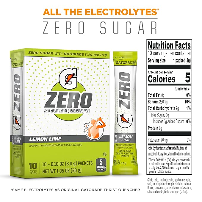 Gatorade G Zero Powder, Lemon Lime, 0.10oz Packets, 10 Count (Pack of 12)