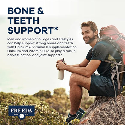 Freeda Calcium 600 mg Vitamin D3 400 IU Tablets - Bone Support Calcium Supplement plus Vitamin D for Absorption - Kosher, Gluten Free Easy To Swallow Coated Calcium D3 Tablets for Women & Men (100 Ct)