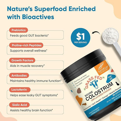 Grass Fed Bovine Colostrum Powder For Humans, Adults | 65 Servings Cows Supplement | High IgG For Best Gut Health | Immunity & Muscle Recovery Support | Unflavored Moo Superfood For Men & Women