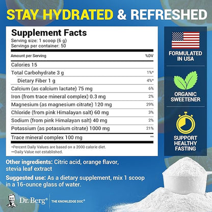 Dr. Berg Zero Sugar Hydration Keto Electrolyte Powder - Enhanced w/ 1000 mg of Potassium & Real Pink Himalayan Salt (NOT Table Salt) - Orange Flavor Hydration Drink Mix Supplement - 50 Servings