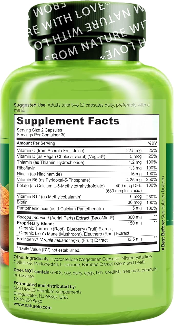 NATURELO Brain Supplement – Whole Food Brain Health Supplement for Memory and Focus Support, Enhance Brain Health Blend Supplement for Adults – 60 Vegetarian Capsules