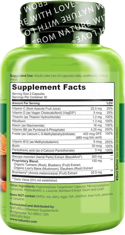 NATURELO Brain Supplement – Whole Food Brain Health Supplement for Memory and Focus Support, Enhance Brain Health Blend Supplement for Adults – 60 Vegetarian Capsules