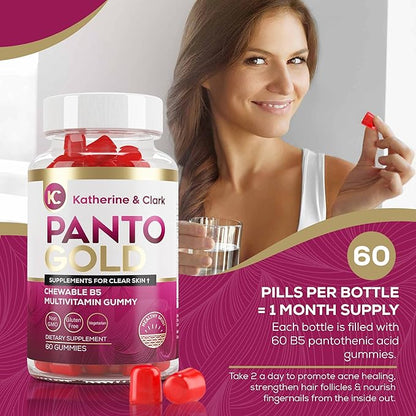 Panto Gold Vitamin B5 Pantothenic Acid Gummies for Acne - Hair Skin and Nails Gummies - Biotin, Zinc, Folic Acid Chewable Non-GMO Gluten-Free for Body - Oily Skin Gummies - 60 Count