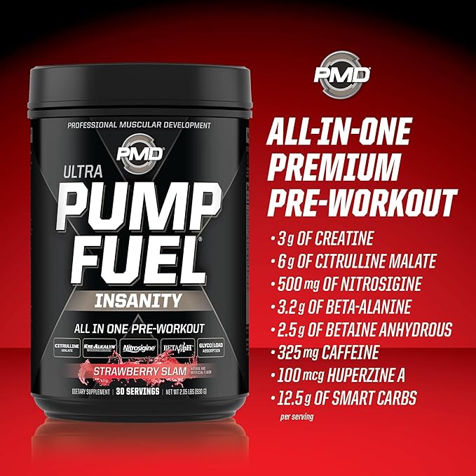 PMD Sports Ultra Pump Fuel Insanity - Pre Workout Drink Mix for Energy, Strength, Endurance, Recovery - Complex Carbohydrates and Amino Energy - Strawberry Slam (30 Servings)