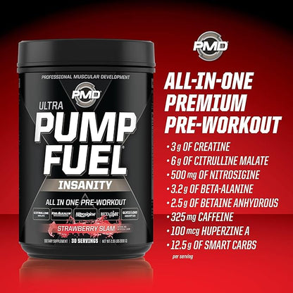 PMD Sports Ultra Pump Fuel Insanity - Pre Workout Drink Mix for Energy, Strength, Endurance, Recovery - Complex Carbohydrates and Amino Energy - Strawberry Slam (30 Servings)