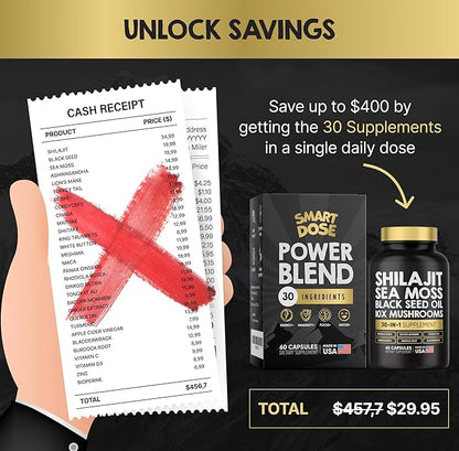 Power Blend Capsules - 30-in-1 Supplement Bundle with Shilajit 6000mg, Sea Moss 4000mg, Black Seed Oil 4000mg, Ashwagandha 2000mg, 10x Mushrooms, Tongkat Ali, Maca, Holistic Pills Combo