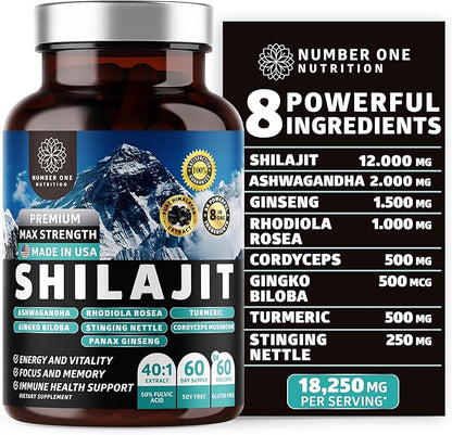 Pure Himalayan Shilajit for Women and Men 18250MG [50% Fulvic Acid] Better than Resin with Ashwagandha, Ginseng, Turmeric, Gingko Biloba, Stinging Nettle, Cordyceps to Support Energy & Stamina, 60Caps