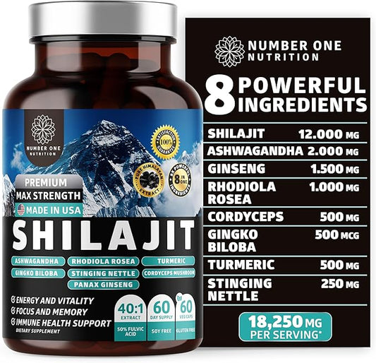 Pure Himalayan Shilajit for Women and Men 18250MG [50% Fulvic Acid] Better than Resin with Ashwagandha, Ginseng, Turmeric, Gingko Biloba, Stinging Nettle, Cordyceps to Support Energy & Stamina, 60Caps