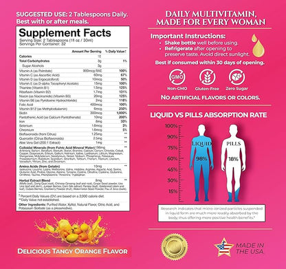 Premium Liquid Multivitamin for Women | Sugar Free Women’s Multivitamin | 100+ Vitamins, Minerals & Herbs Promote Anti-Aging, Heart, Brain & Bone Health |98% Absorption Rate | Non-GMO | 32 Serv