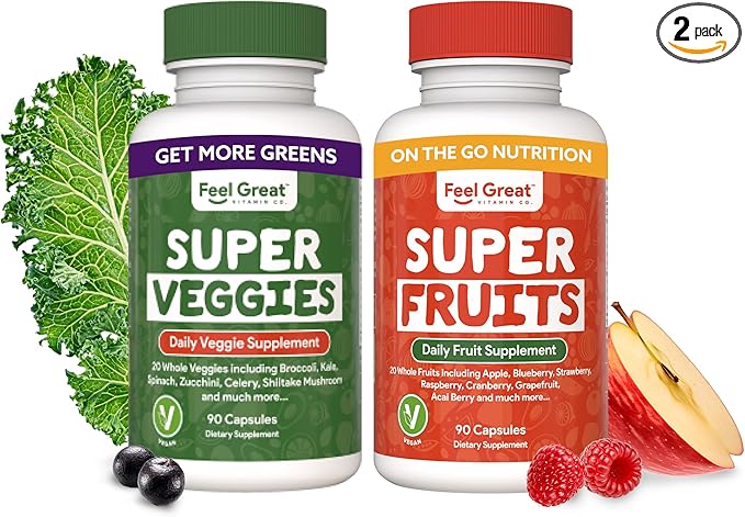 Feel Great Fruit and Vegetable Supplements | 20+ Super Reds & Greens for Natural Energy Support | Vegan Fruit and Veggie Vitamins | 2 Pack of 90 Count Each