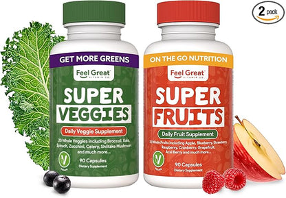 Feel Great Fruit and Vegetable Supplements | 20+ Super Reds & Greens for Natural Energy Support | Vegan Fruit and Veggie Vitamins | 2 Pack of 90 Count Each
