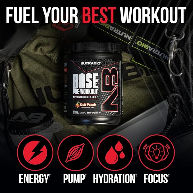 NutraBio Base Pre-Workout Sports Nutrition Powder - Sustained Energy, Mental Focus, Endurance, Hydration - Preworkout for Men and Women - Increase Energy- 30 Servings - Blue Raspberry