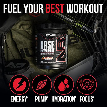 NutraBio Base Pre-Workout Sports Nutrition Powder - Sustained Energy, Mental Focus, Endurance, Hydration - Preworkout for Men and Women - Increase Energy- 30 Servings - Blue Raspberry