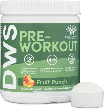Pre Workout Powder for Men & Women (30 Servings of Caffeine, Beta Alanine, L-Citrulline, Dynamine, L-Theanine, Taurine, Theacrine, & More) Preworkout Powder with Scoop by Double Wood (Fruit Punch)