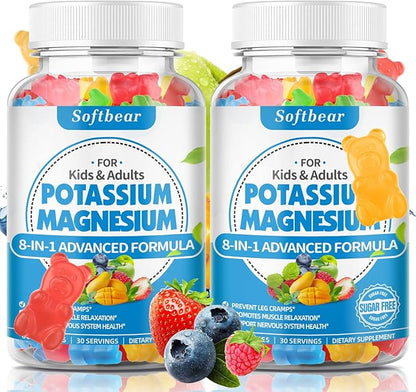 softbear Sugar Free Potassium Magnesium Gummies for Adults Kids, High Absorption Potassium Supplement Gummies Supports Leg Cramps & Muscle & Immune Health, Delicious Mixed Fruit Flavor 120 Count