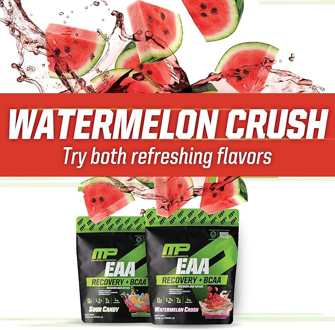 Muscle Pharm EAA Recovery + BCAAs, Post Workout Essential Amino Acids Powder, Pre Workout Energy Supplement for Men & Women with Branched Chain Amino Acids, 30 Servings (Watermelon Crush)
