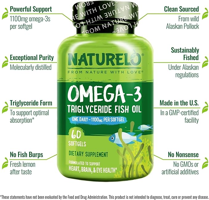 NATURELO Burpless Omega 3 Fish Oil Supplement - 1100mg Triglyceride Omega-3, EPA + DHA, Liquid Fish Oil Omega 3 for Heart, Eye, Brain, Joint Health - 60 Softgels, 2 Months Supply